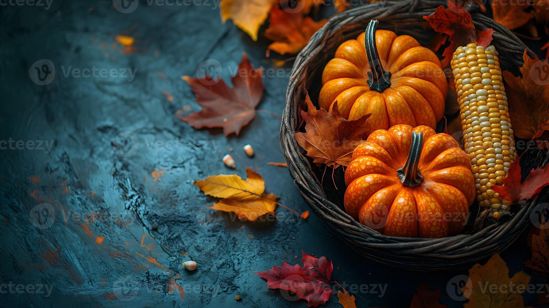 Dark background with a basket of harvest, featuring a place for text. Ideal for Thanksgiving-themed designs, invitations, and festive messages. photo