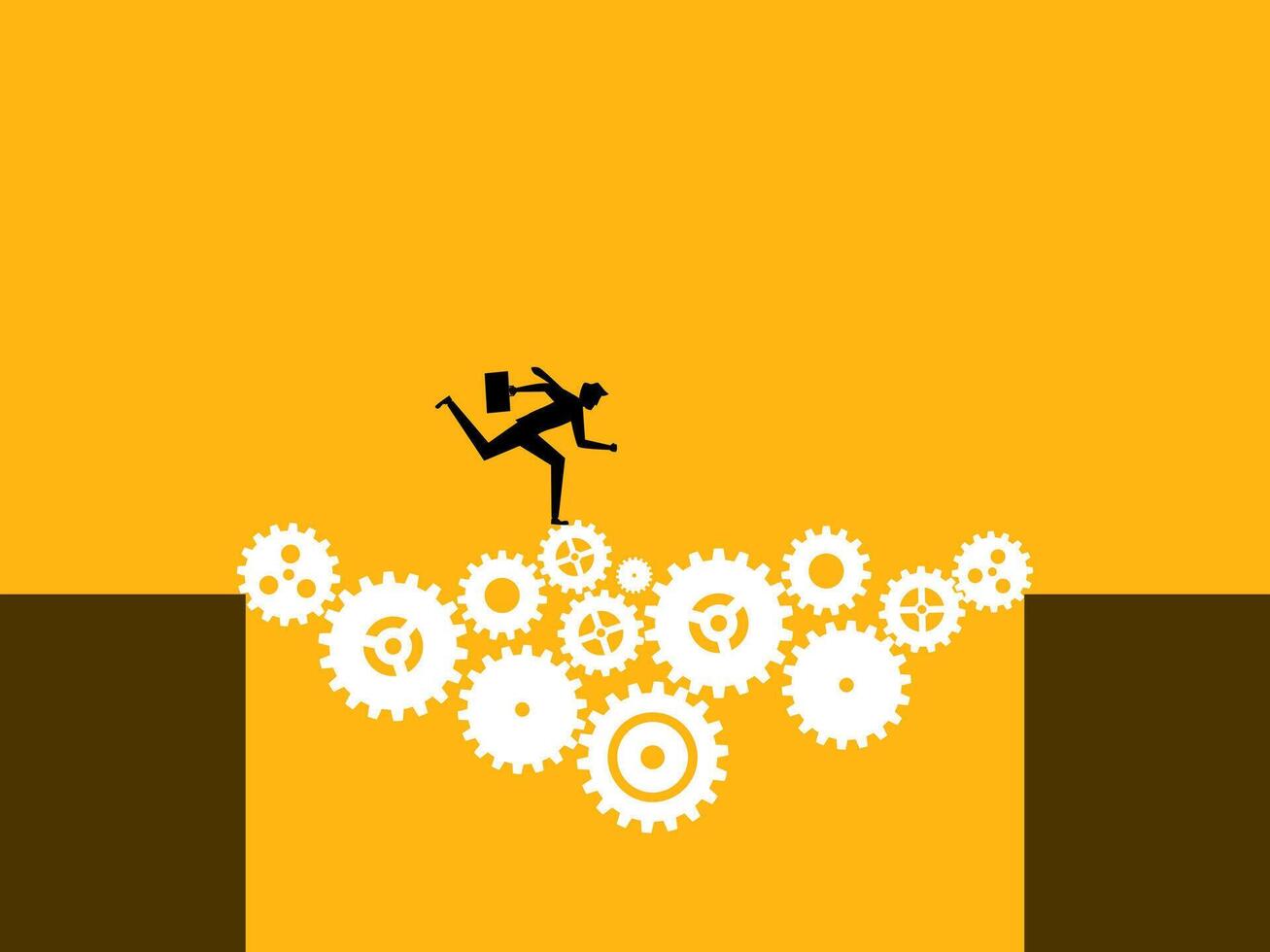 Overcoming the obstacle. Businessman runs through the gap with gears vector
