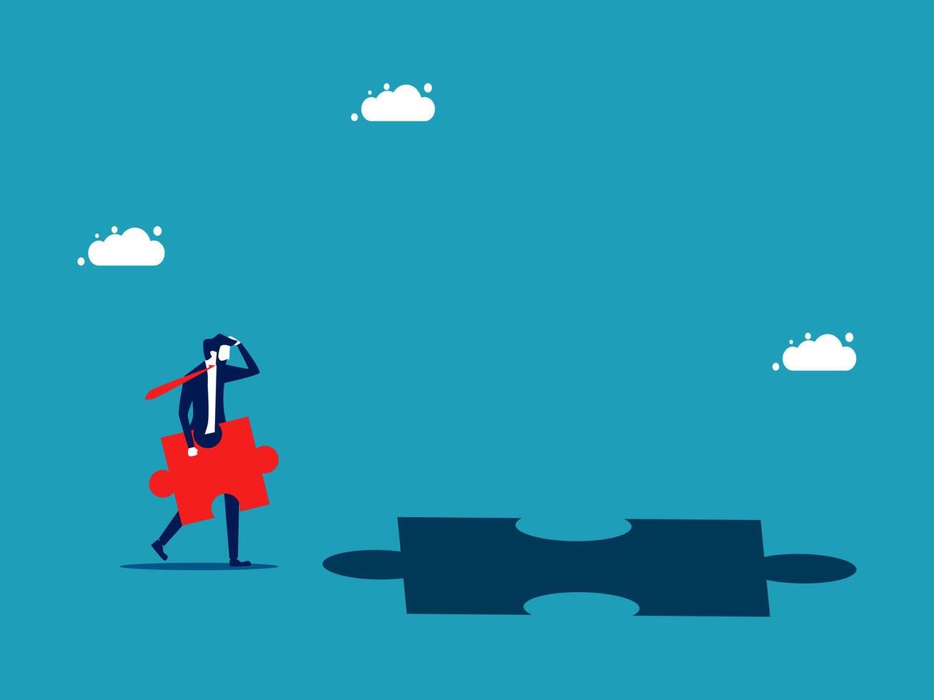 businessman looking at puzzle piece with red piece missing vector