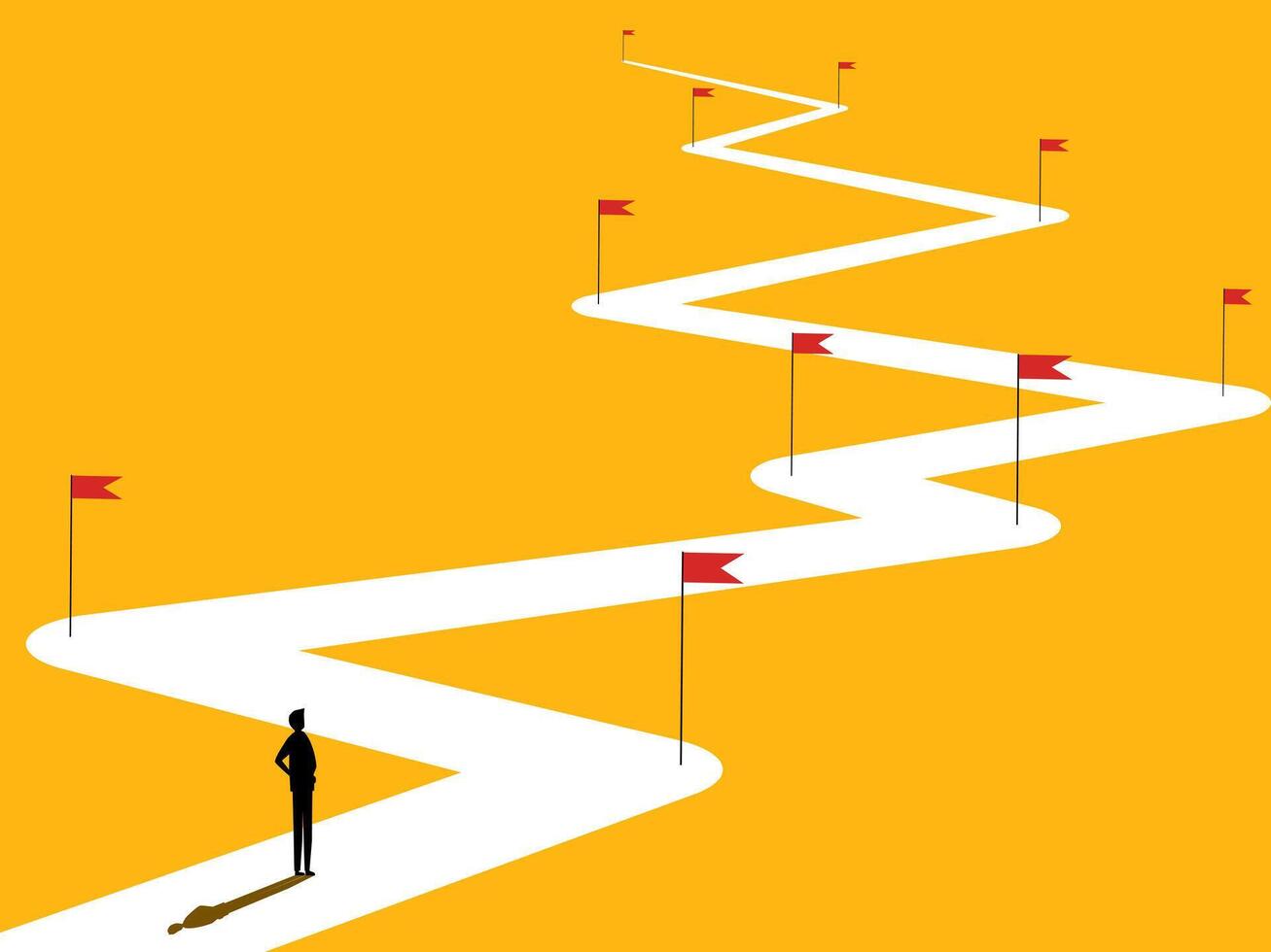 Businessman on the road with red flag, complicated path and goals to conquer vector