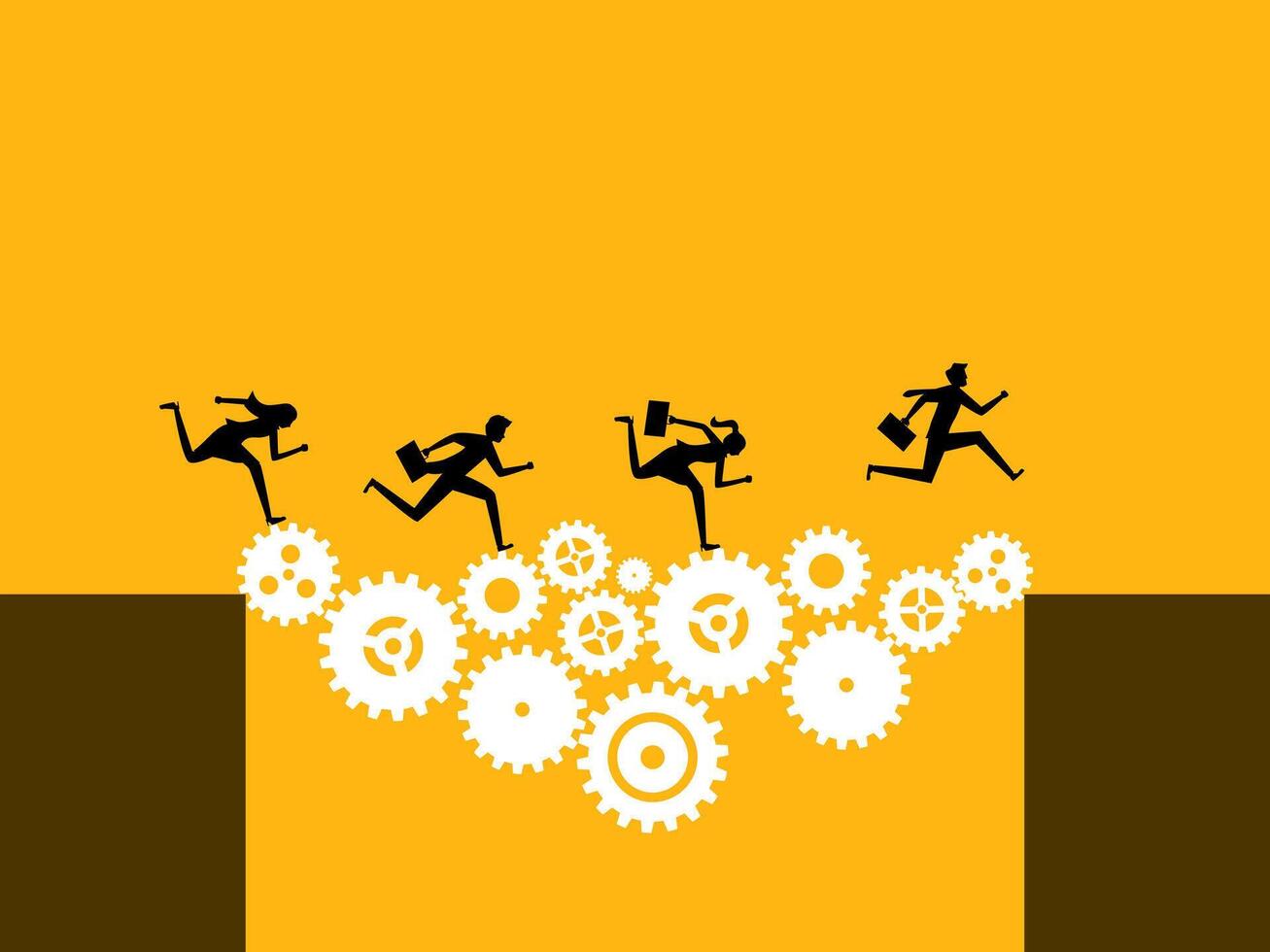 Solve the problem together. Business team runs through the gap with gears vector
