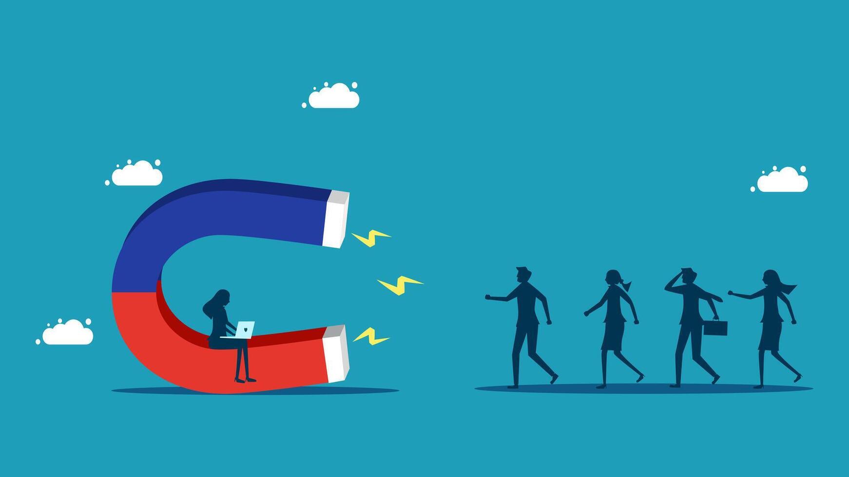 business people are standing around a magnet that is being pulled by a man vector