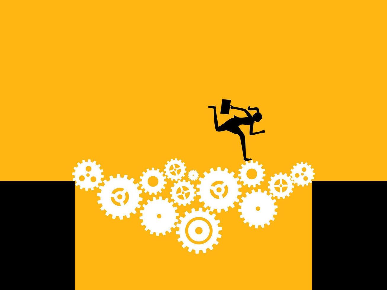 Overcoming the obstacle. woman runs through the gap with gears vector
