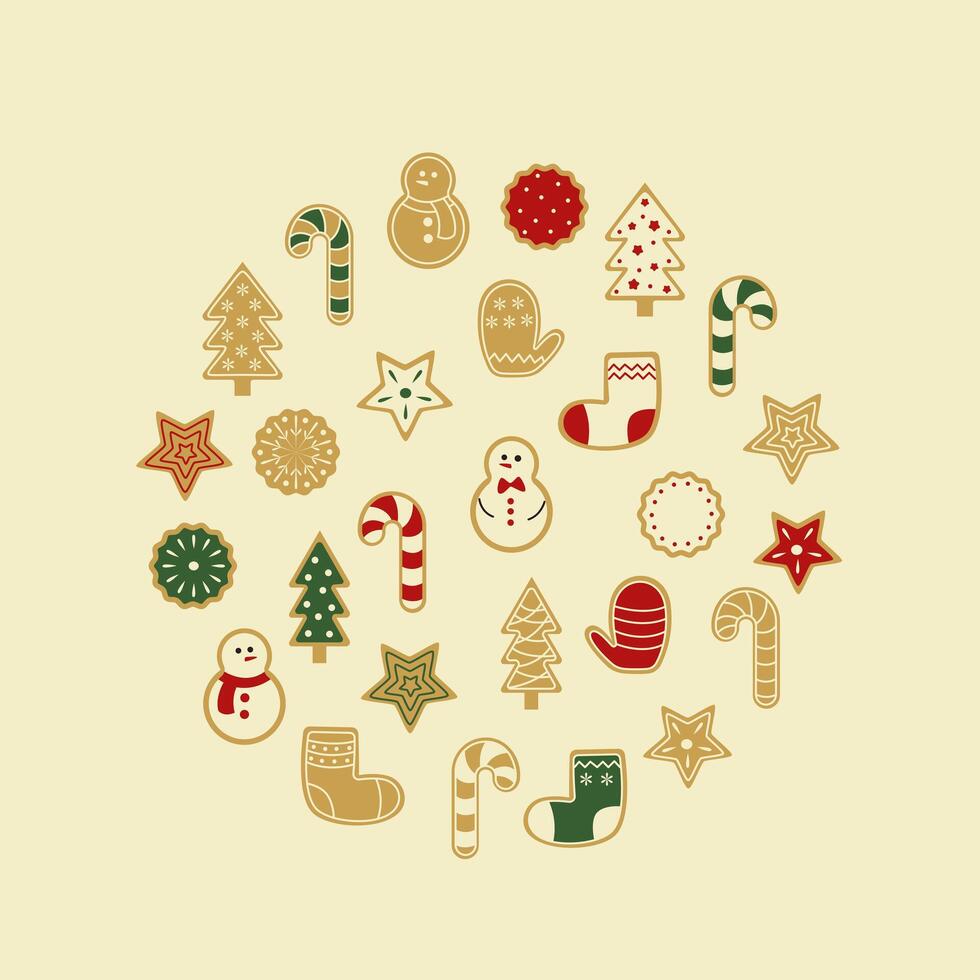 Large festive set of traditional Christmas baked goods on a light background. Ginger cookies in the shape of a Christmas tree, snowman, mitten, star, candy cane. vector