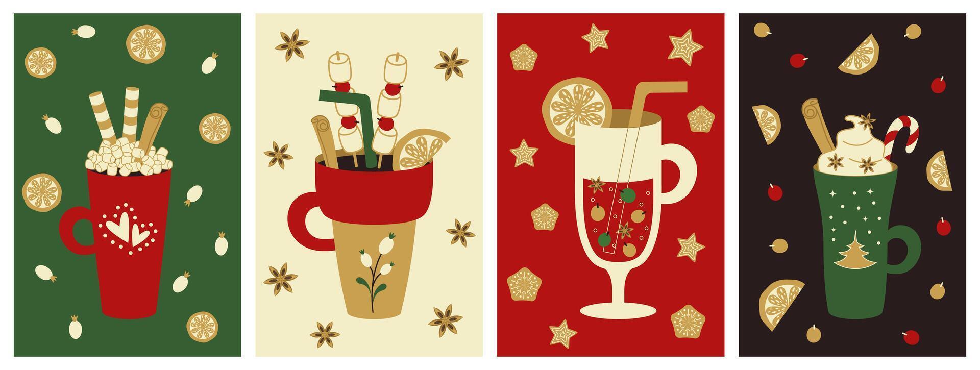 A set of greeting cards with traditional festive winter drinks for Christmas and New Year. vector