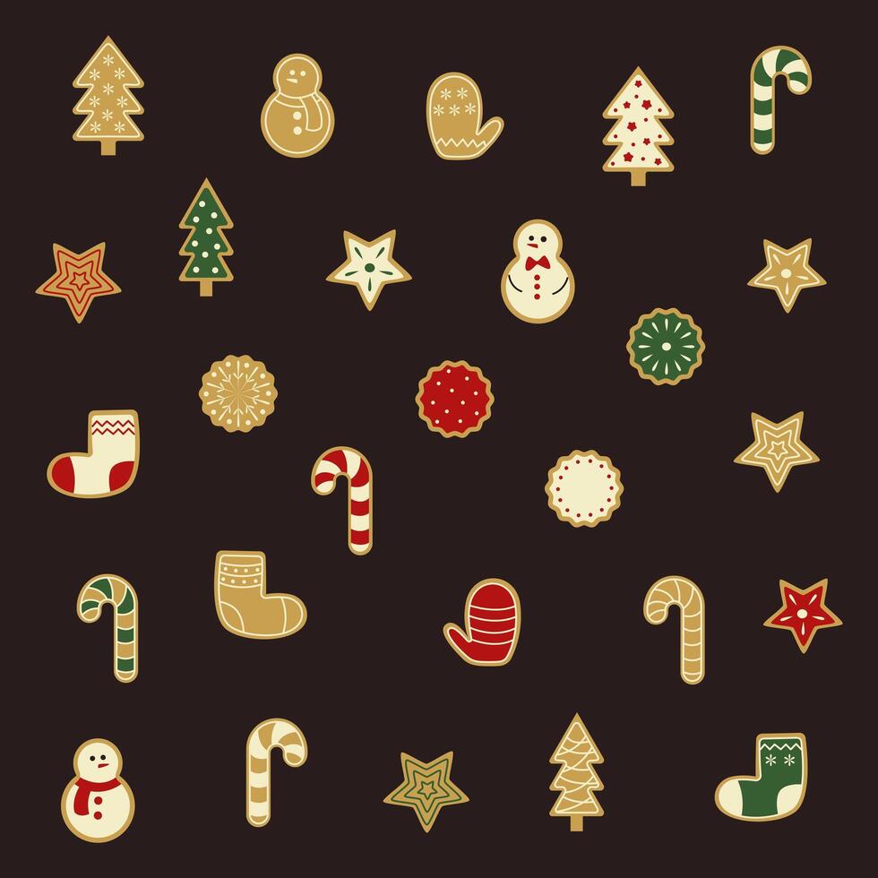 Large festive set of traditional Christmas baked goods. Ginger cookies in the shape of a Christmas tree, snowman, mitten, star, candy cane. vector