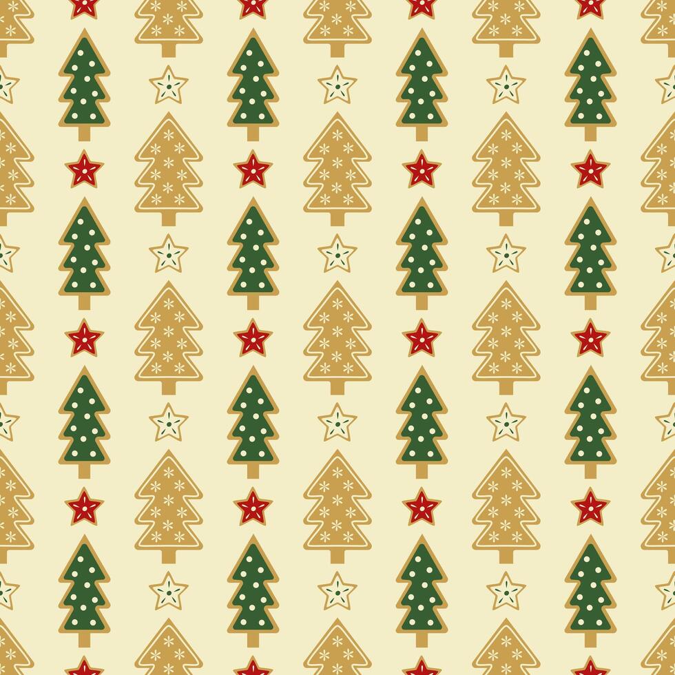 A seamless pattern of traditional holiday ginger cookies in the shape of a Christmas tree. Christmas Baking. Illustration on light background for wallpaper, textile, wrapping paper, poster, postcard. vector