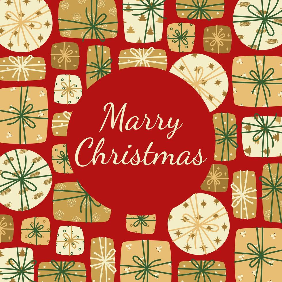 Merry Christmas greeting card. Wrapped gifts of different shapes on red background. Illustration for greeting card, invitation, flyer. vector
