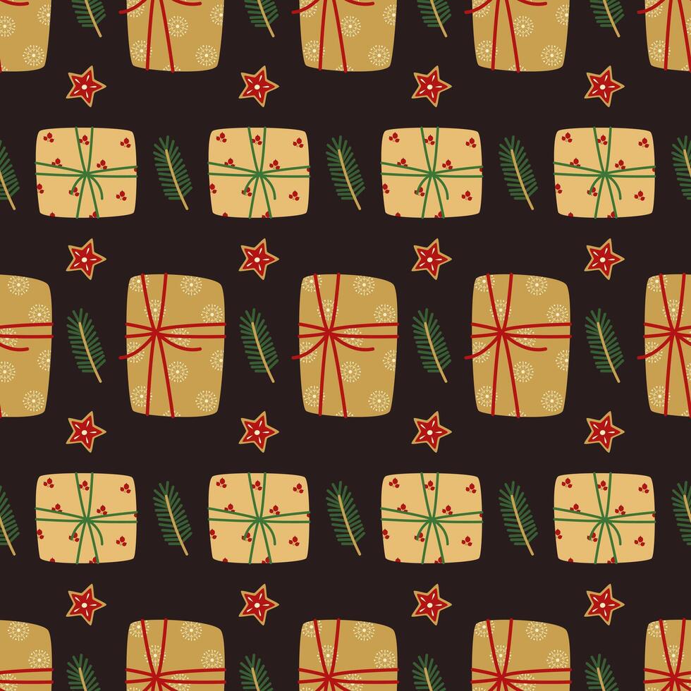 Seamless pattern of Christmas presents on a dark background. Illustration for textiles, wrapping paper, posters, flyers, cards, covers. Christmas and new year. vector