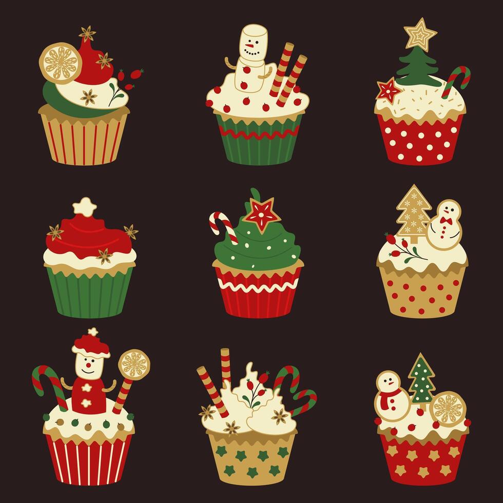 Set of holiday cupcakes with Christmas decorations. Traditional, cozy confectionery with cream, marshmallows, cookies. vector