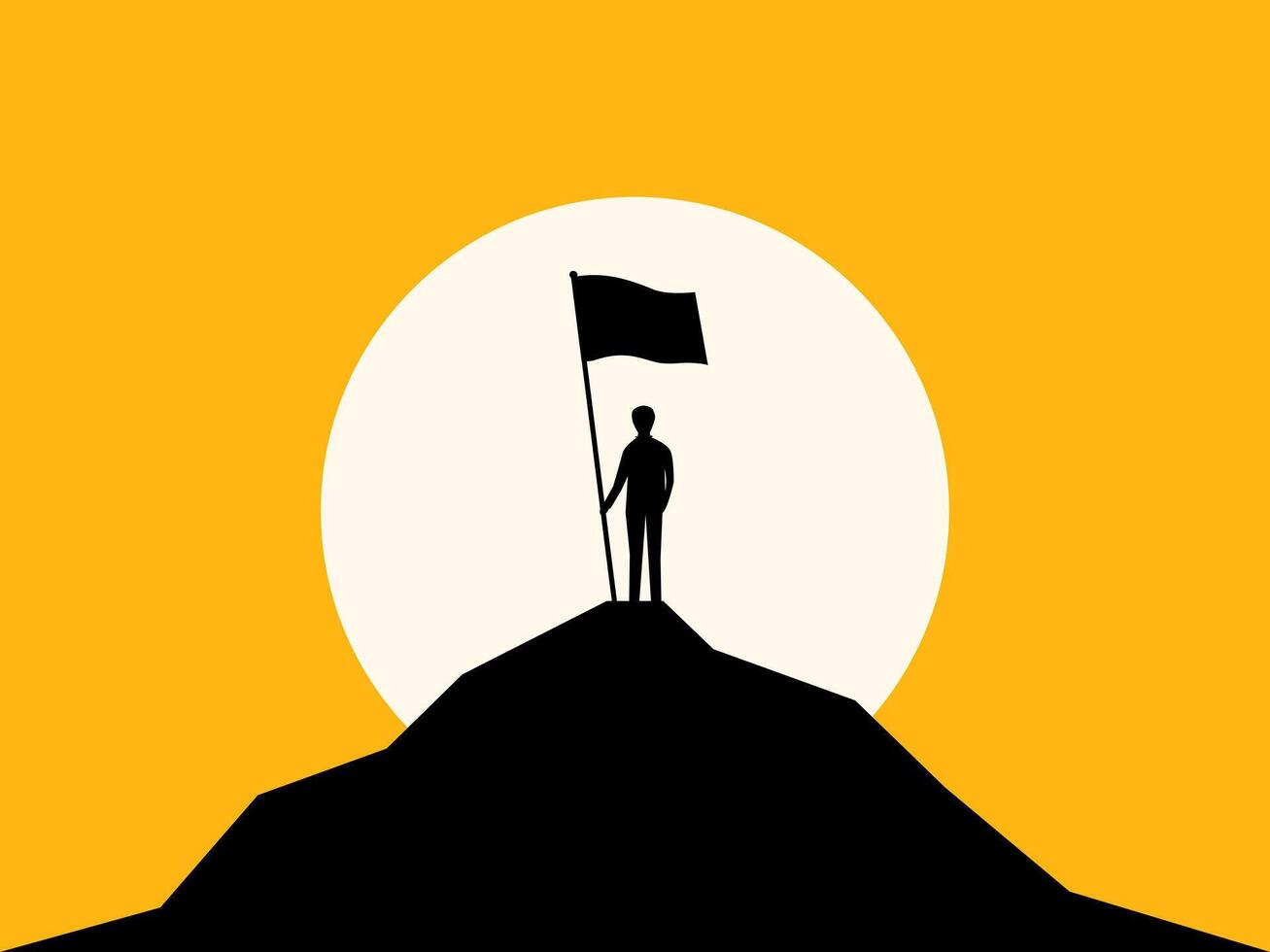 Business success. Businessman holding a victory flag on the mountaintop vector