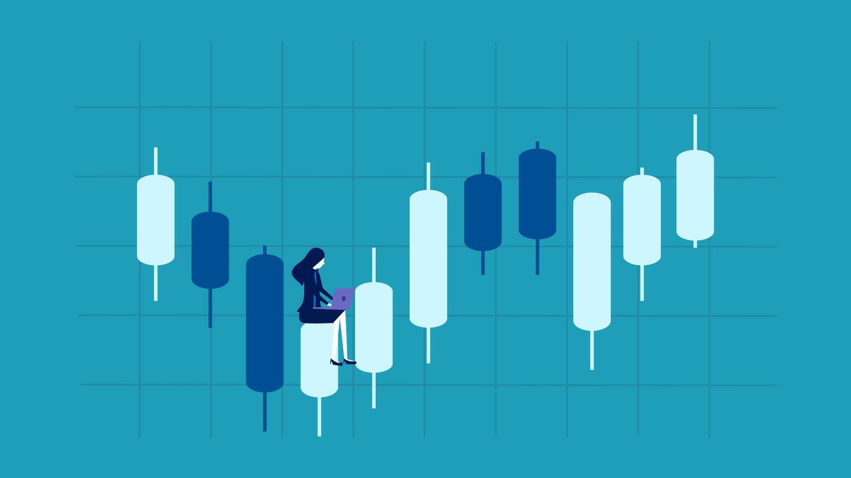 a woman is sitting on a chair and looking at a chart of stock prices vector