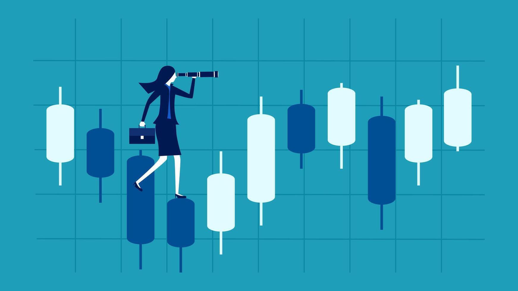 businesswoman looking at stock chart on blue background vector