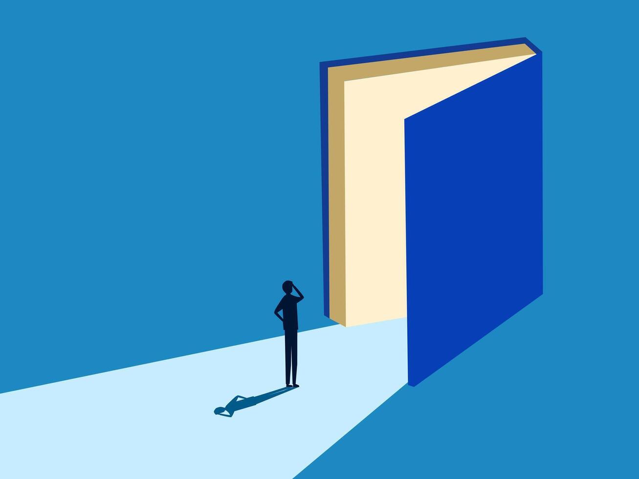 Wisdom. Businessman standing on the big open book door vector