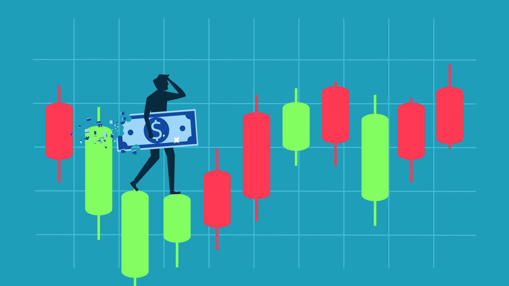 a man standing on a bar chart with dollar bills vector