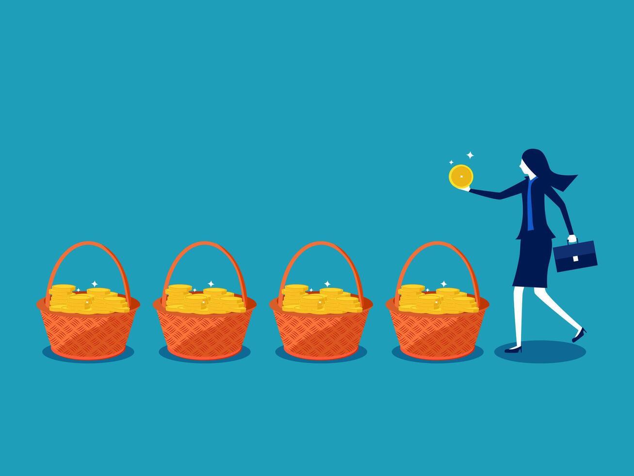 woman holding a basket of gold coins and standing in front of a line of baskets vector