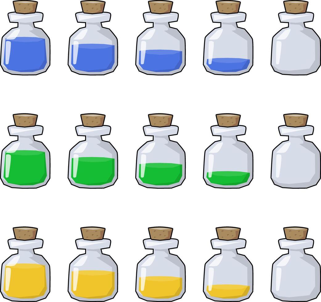Stylized Potion Bottle Item Animation Sprite Game Container Bottles Icon Template Set vector