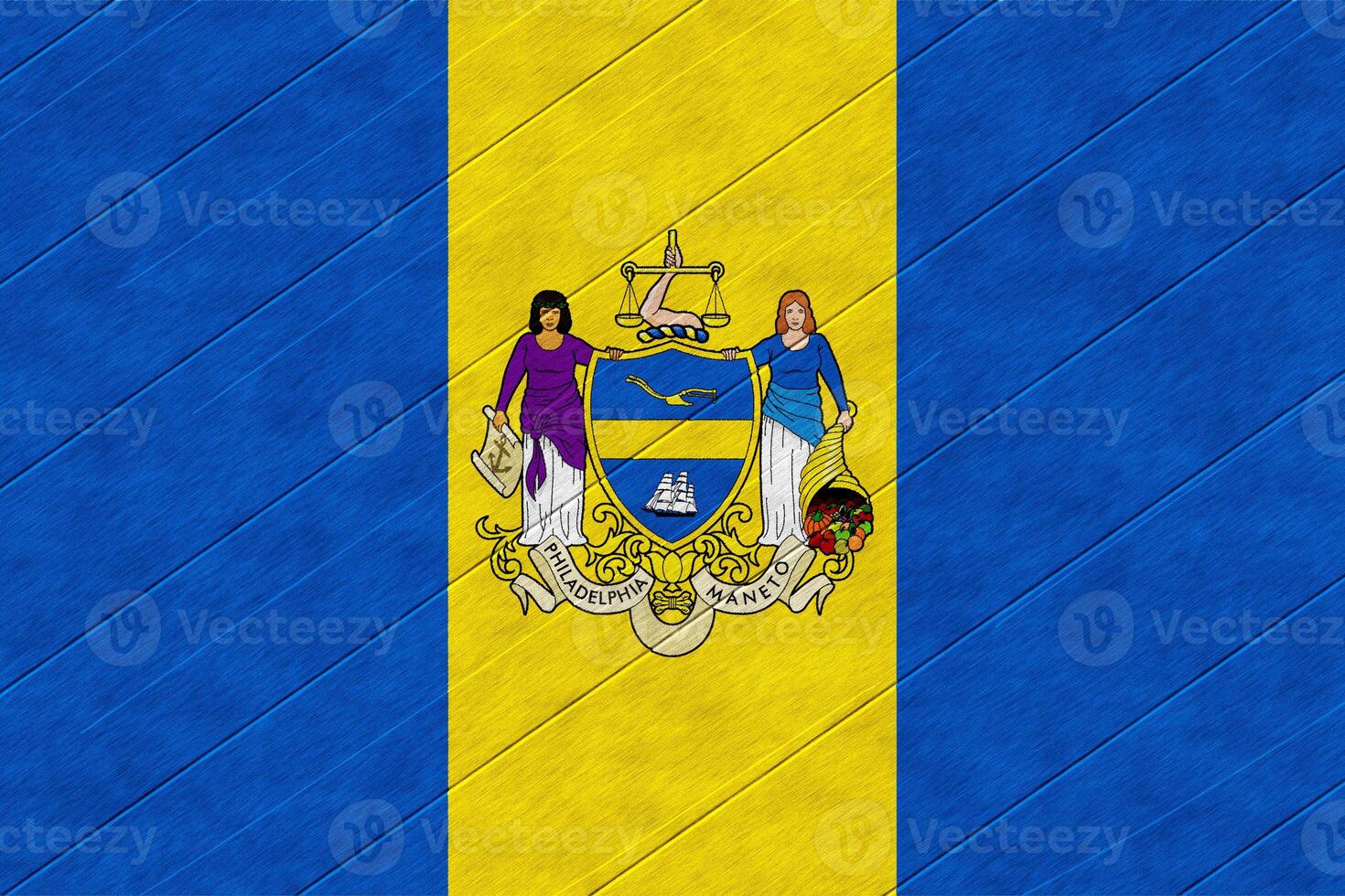 Flag of the city of Philadelphia County, Pennsylvania, USA, on a background of a wooden fence. Conceptual collage photo