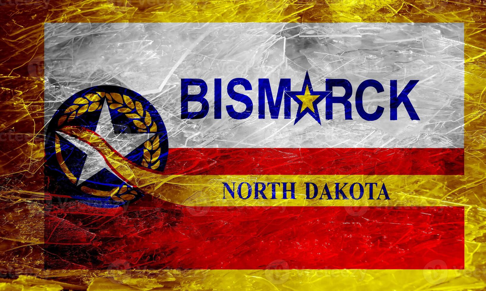 Flag of the city of Bismarck, North Dakota, USA, on a background of the ice surface. Conceptual collage photo