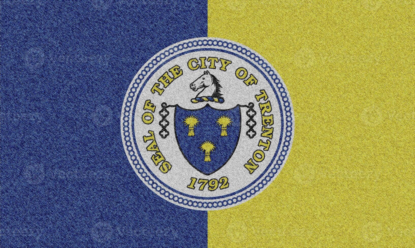 Flag of the city of Trenton, New Jersey, USA, on a background of fabric texture. Conceptual collage photo