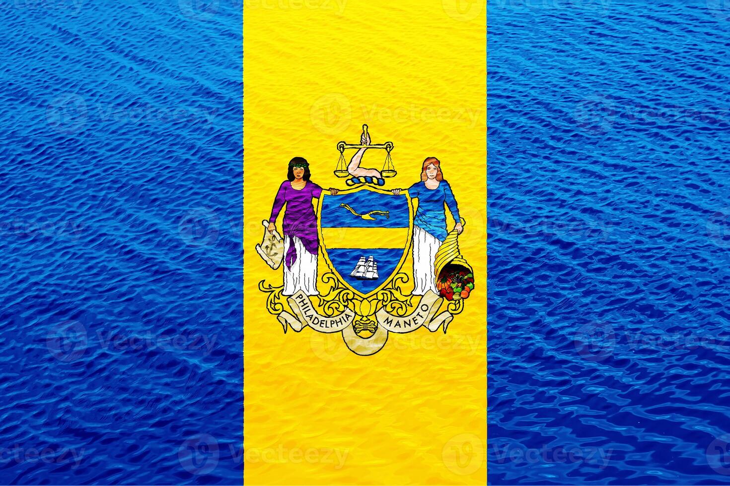Flag of the city of Philadelphia County, Pennsylvania, USA, on a background of the water surface. Conceptual collage photo