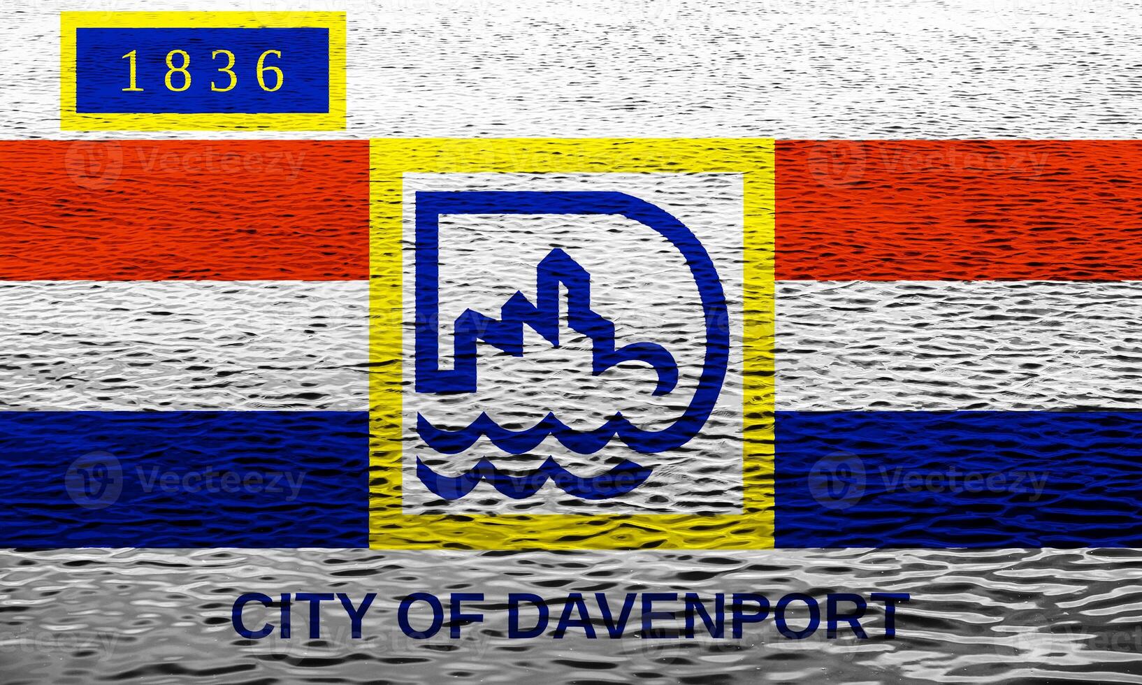 Flag of the city of Davenport, Iowa, USA, on a background of the water surface. Conceptual collage photo