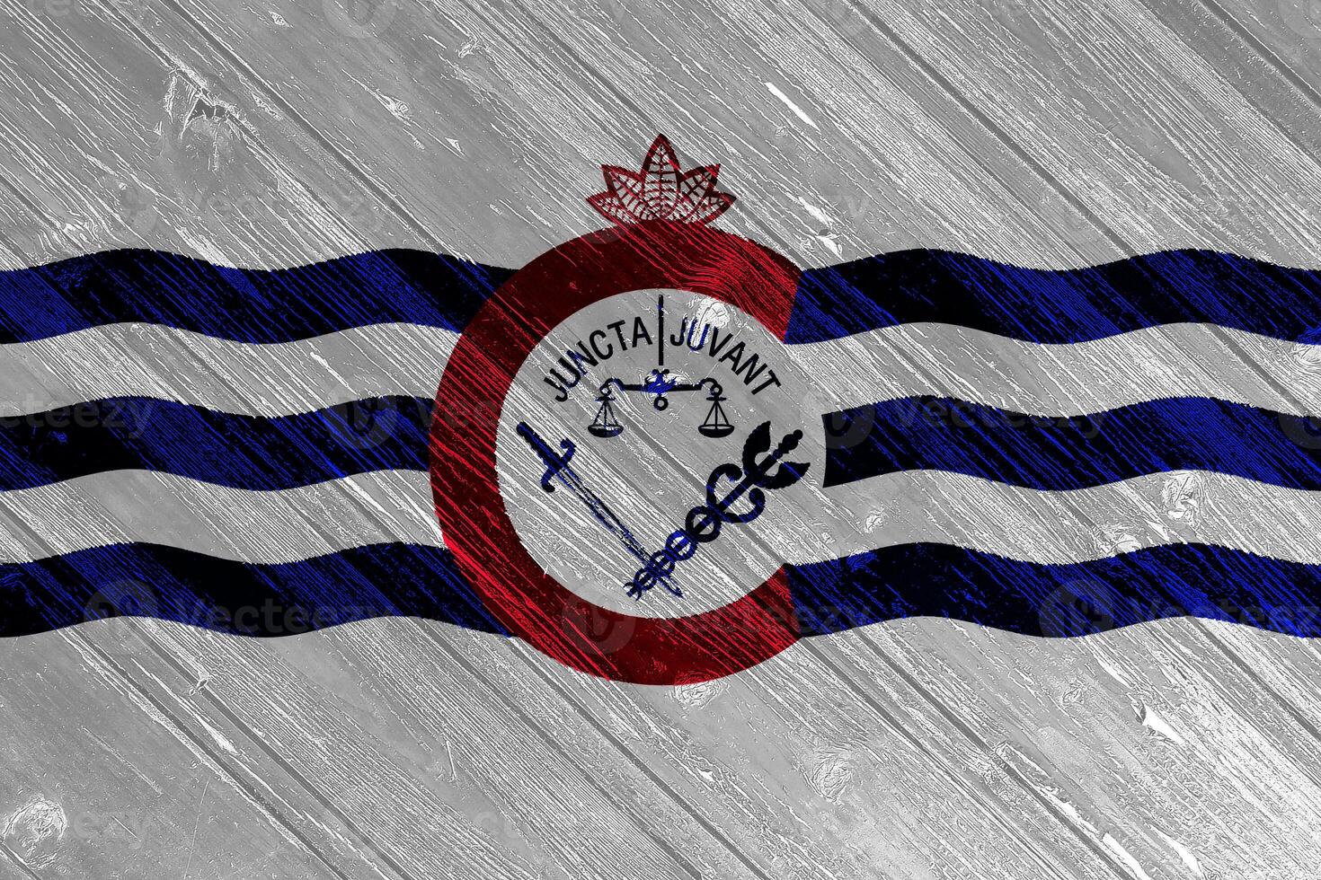 Flag of the city of Cincinnati, Ohio, USA, on a background of a wooden fence. Conceptual collage photo