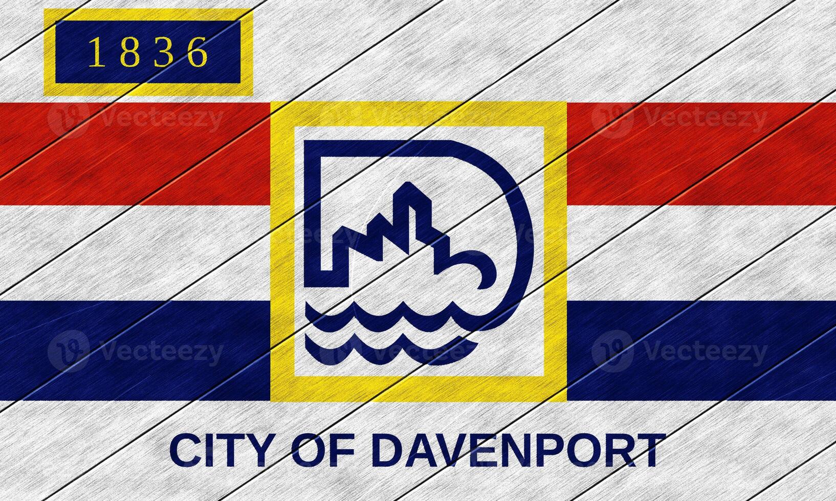 Flag of the city of Davenport, Iowa, USA, on a background of a wooden fence. Conceptual collage photo