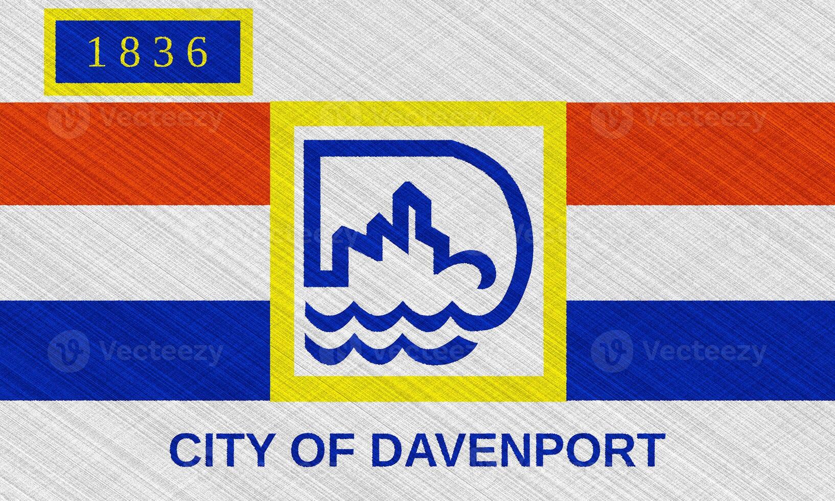 Flag of the city of Davenport, Iowa, USA, on a background of fabric texture. Conceptual collage photo