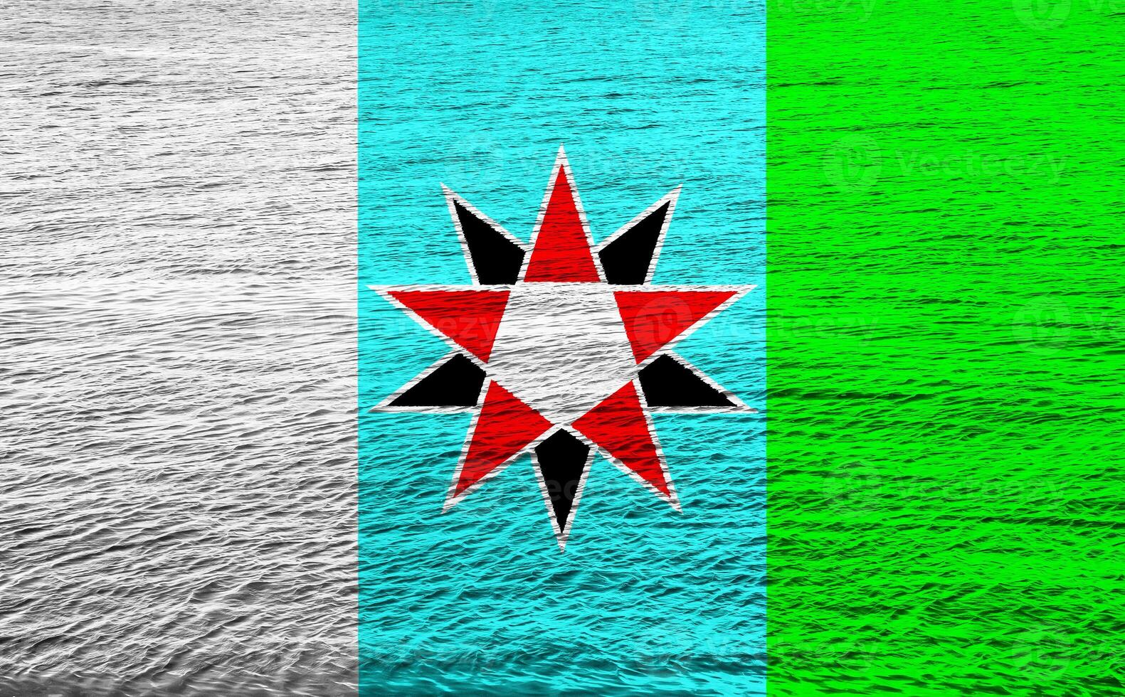 Flag of the city of Charlotte Amalie, U.S. Virgin Islands, USA, on a background of the water surface. Conceptual collage photo