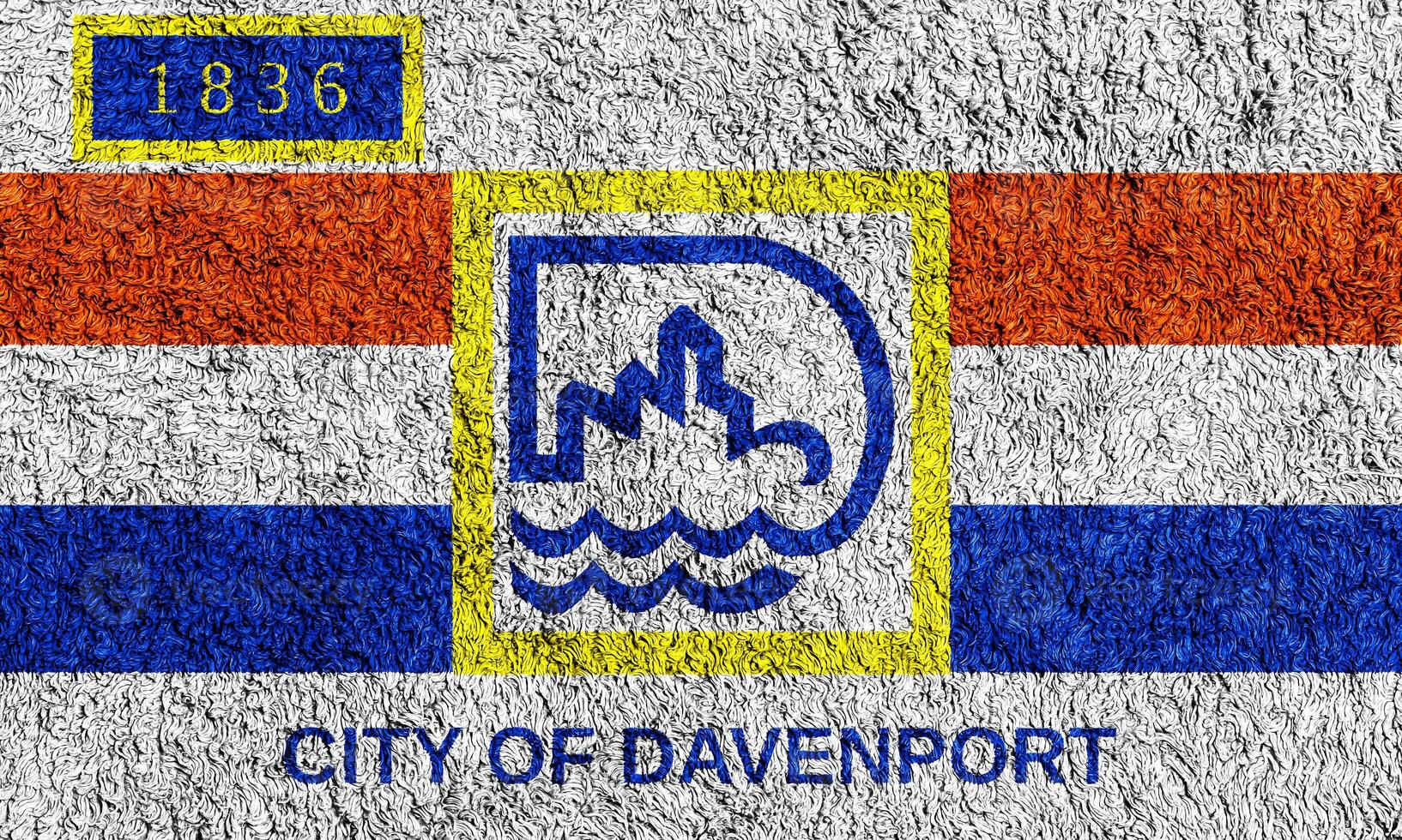 Flag of the city of Davenport, Iowa, USA, on a background of fabric texture. Conceptual collage photo