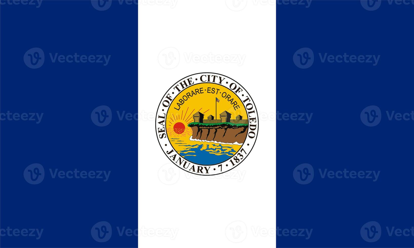 Flag of the city of Toledo, Ohio, USA, on a background of fabric texture. Conceptual collage photo
