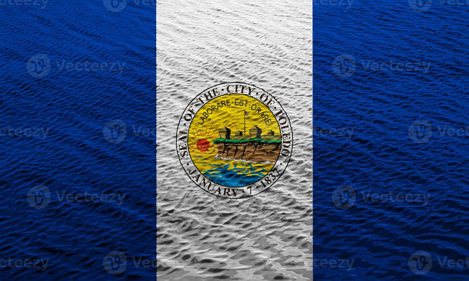 Flag of the city of Toledo, Ohio, USA, on a background of the water surface. Conceptual collage photo