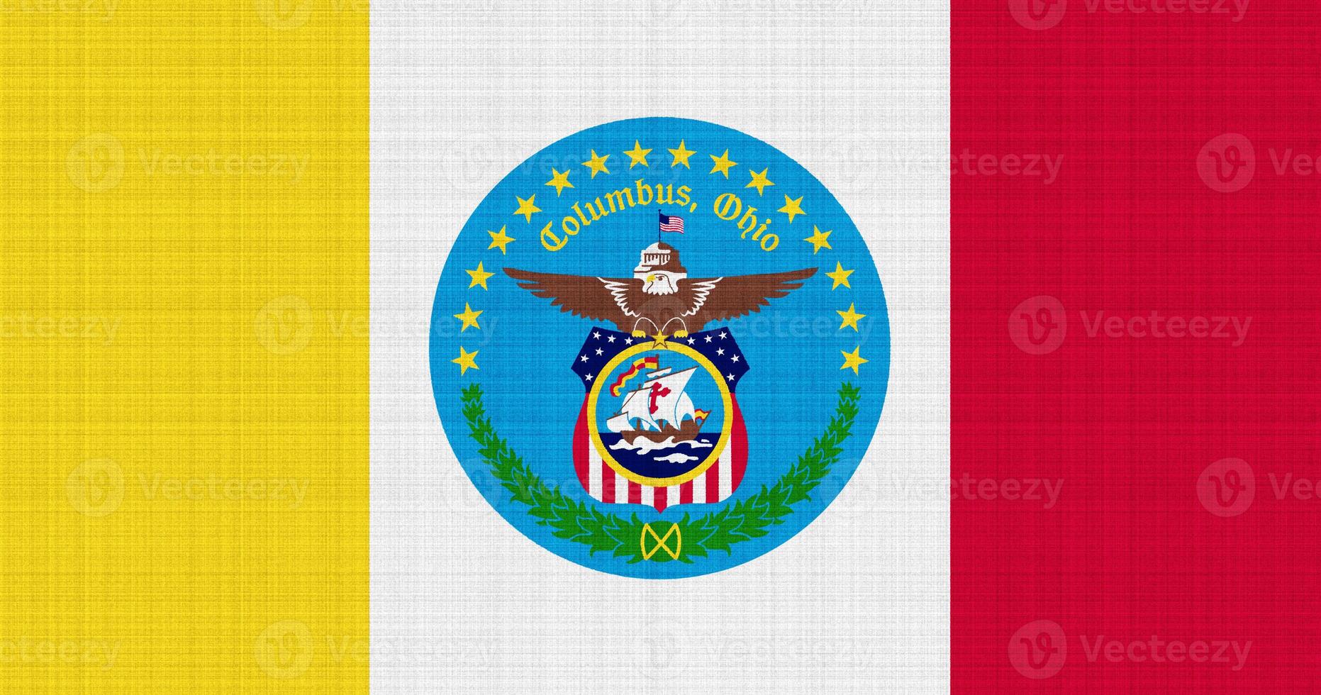 Flag of the city of Columbus, Ohio, USA, on a background of fabric texture. Conceptual collage photo
