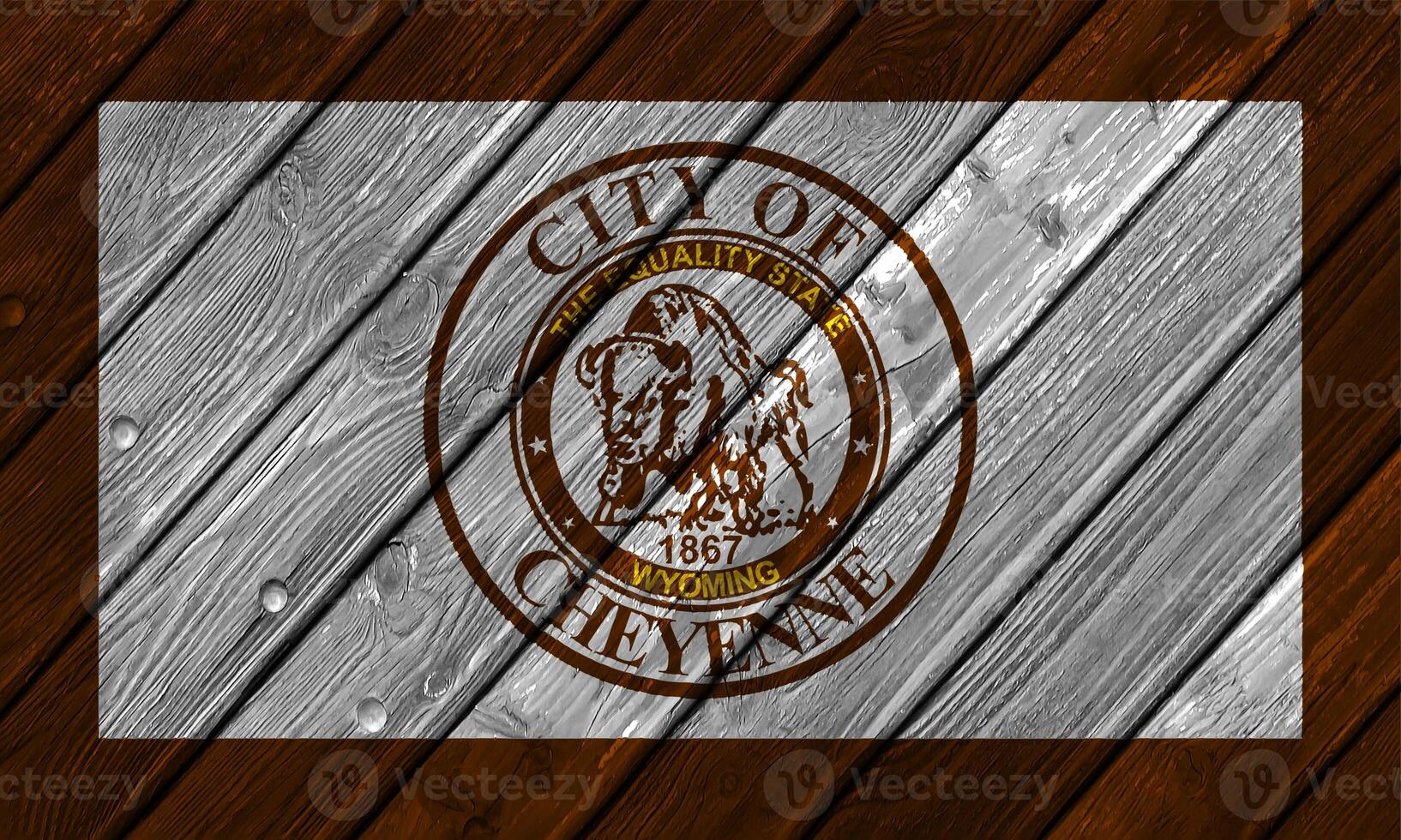 Flag of the city of Cheyenne, Wyoming, USA, on a background of a wooden fence. Conceptual collage photo