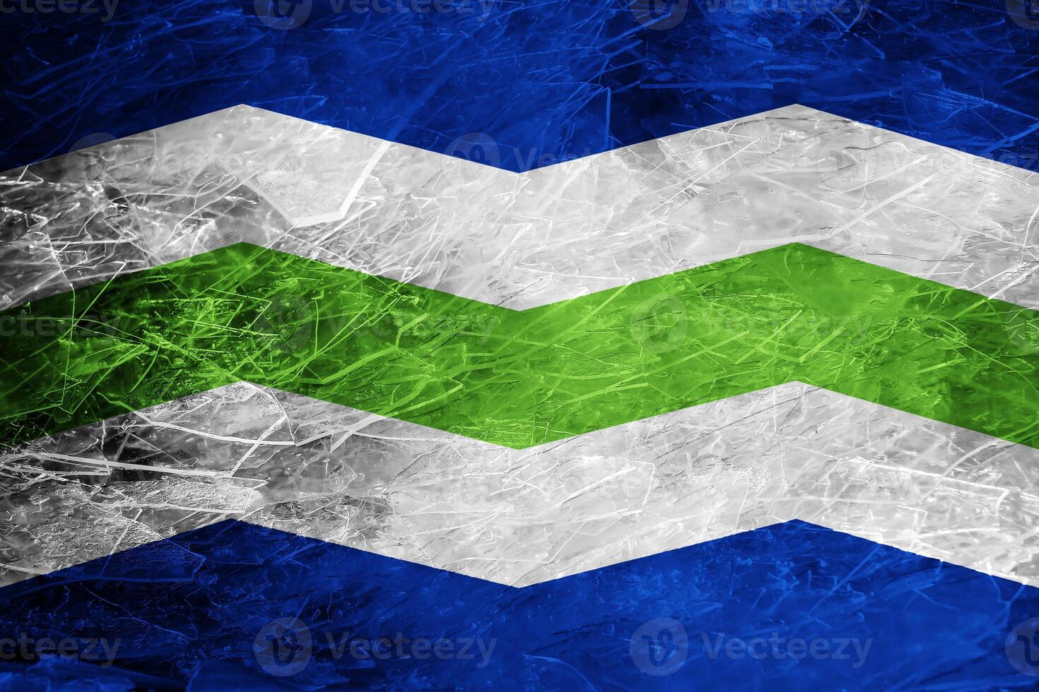 Flag of the city of Burlington, Vermont, USA, on a background of the ice surface. Conceptual collage photo