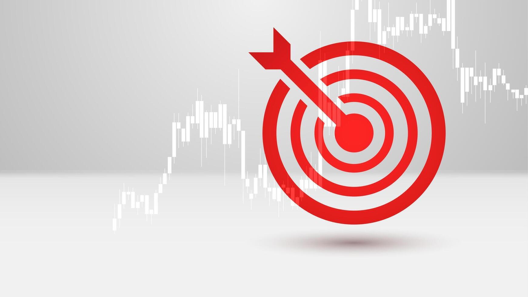Illustration of target towards goal with precise red dart and stock market graph on white background. Symbol of success in business, leadership, teamwork, and plans to achieve goals. vector