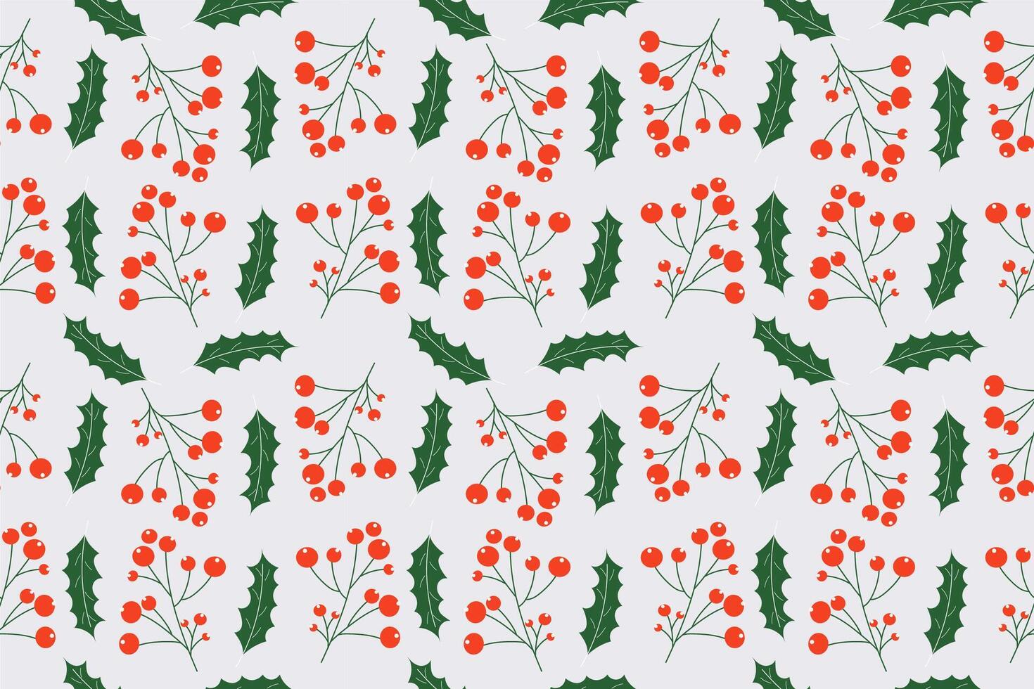 Seamless pattern with winter plant dark green leaves and red berries. Hand drawn design. vector