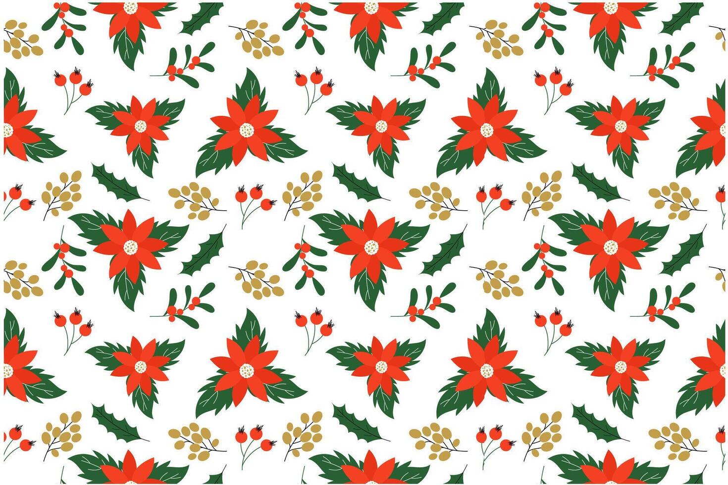 Winter seamless pattern with poinsettia, red and gold berries. Hand drawn design. vector