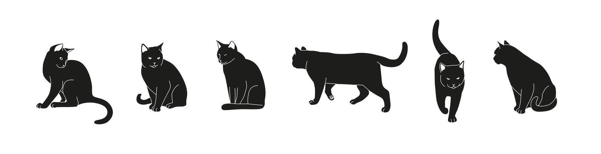 Set of black cats in different poses isolated on white background. Feline minimalistic illustration for Halloween. Sitting and walking cat vector