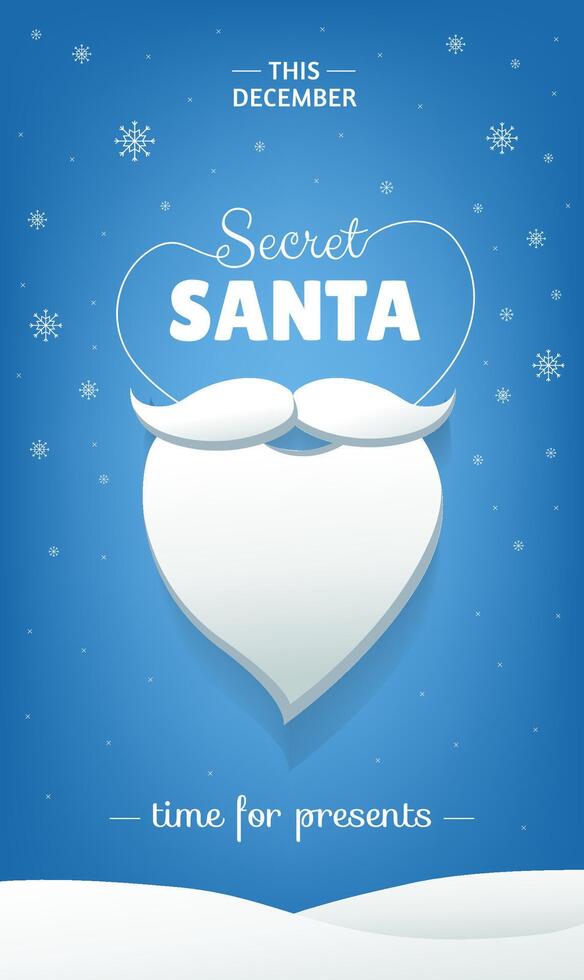 Secret Santa vertical banner design with white beard and snowflakes on blue background. Time for presents vector