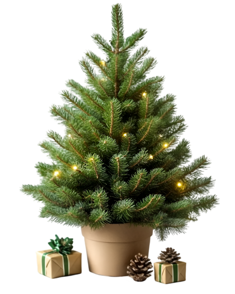 A small christmas tree in a pot with presents png