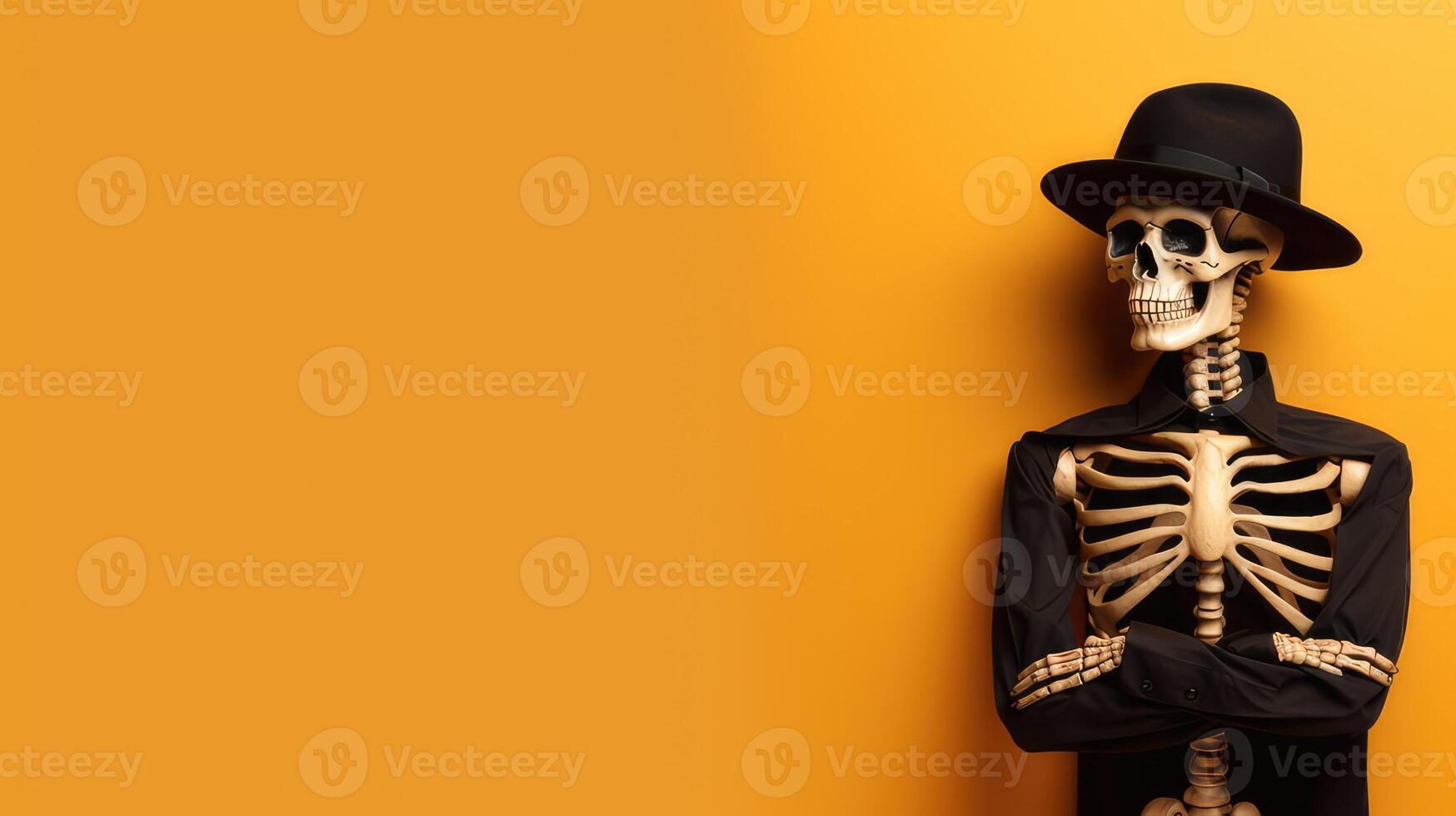 a skeleton in a hat and suit on an orange background with an empty place for text photo