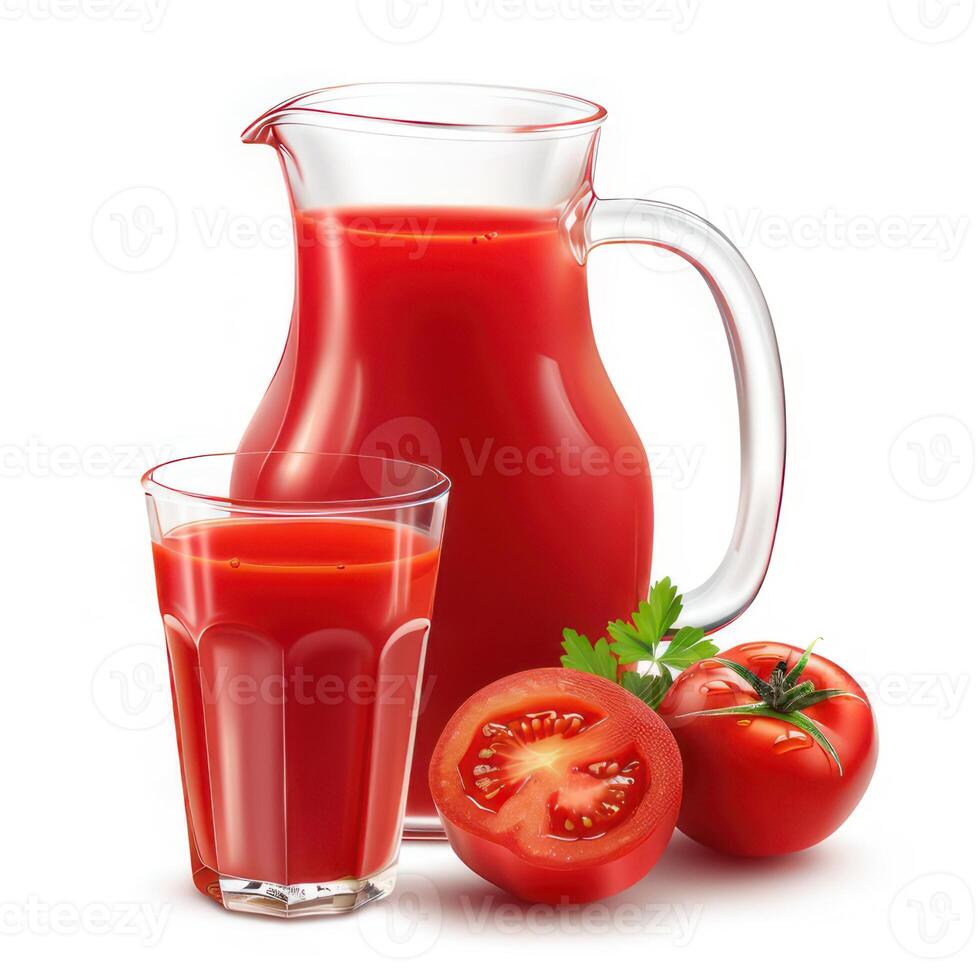 tomato juice in a jug and glass, and tomatoes next to it photo