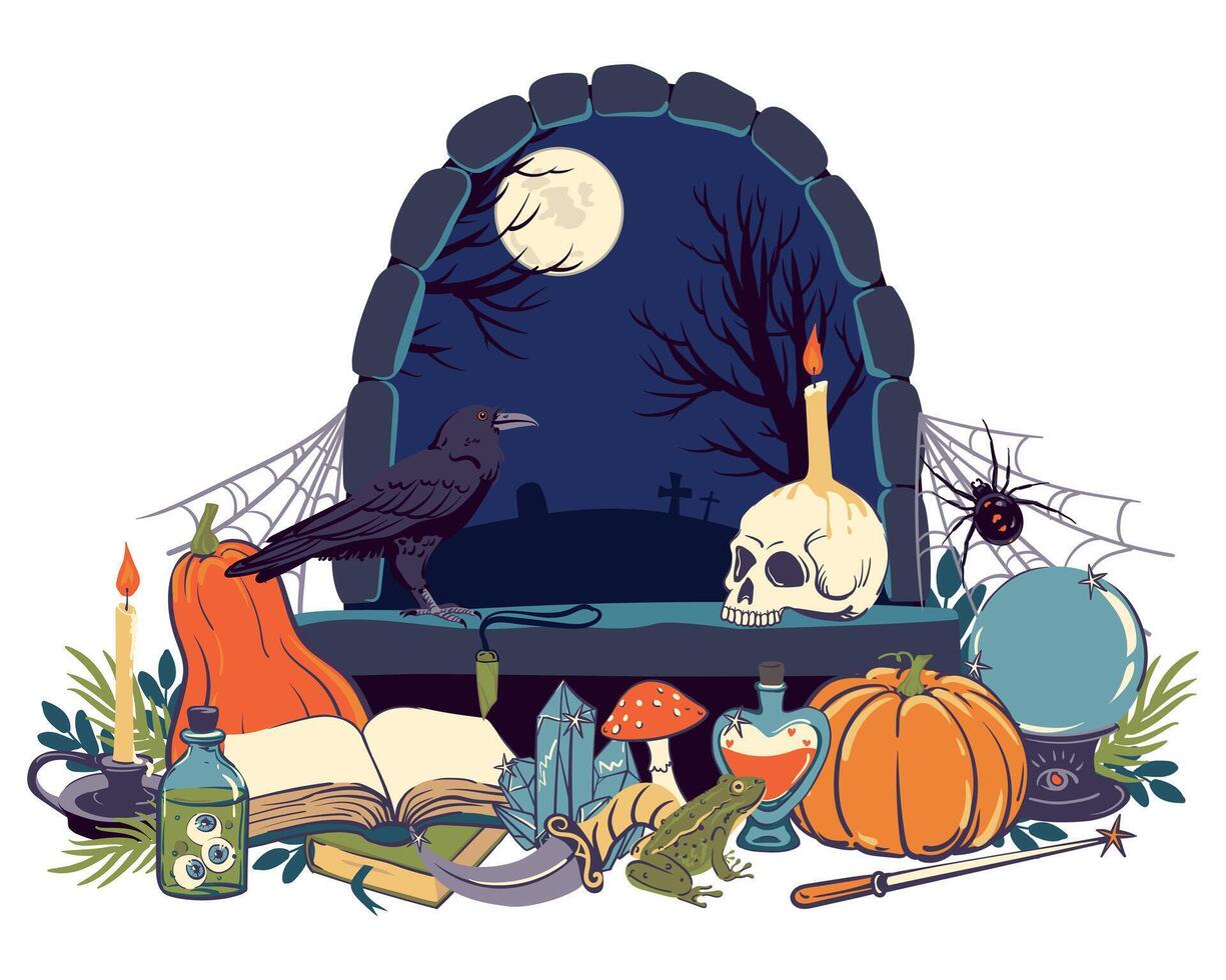 Composition with magic items against the background of a night cemetery landscape. Witchcraft items, grimoire, potion, elixir, skull, magic ball. Familiars for the sorcerer. for Halloween. vector