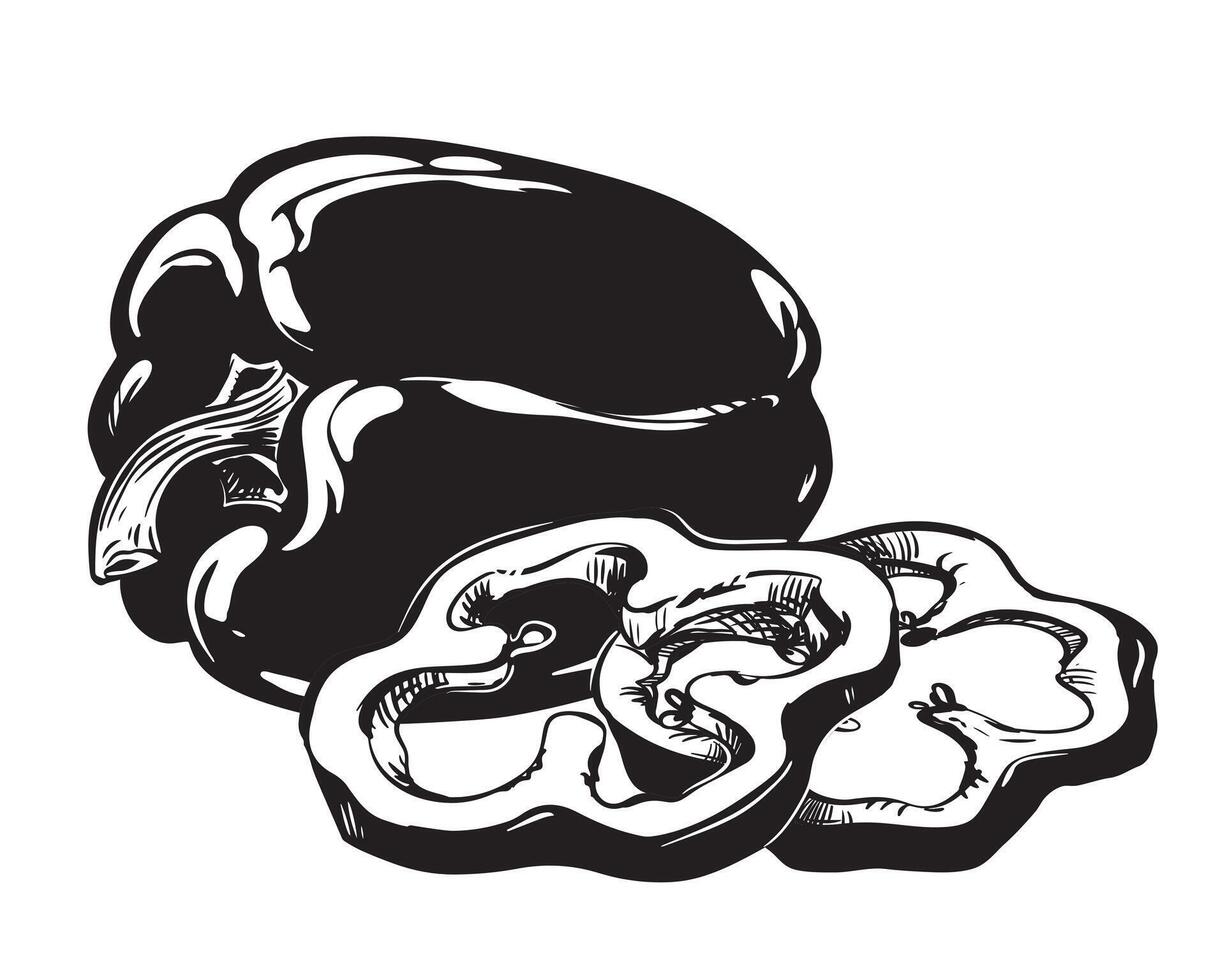 illustration of ripe paprika. Whole vegetable and slices lie on the table. Black ink drawing. Engraving style sketch on white background. Culinary spice. Composition for label, packaging. vector