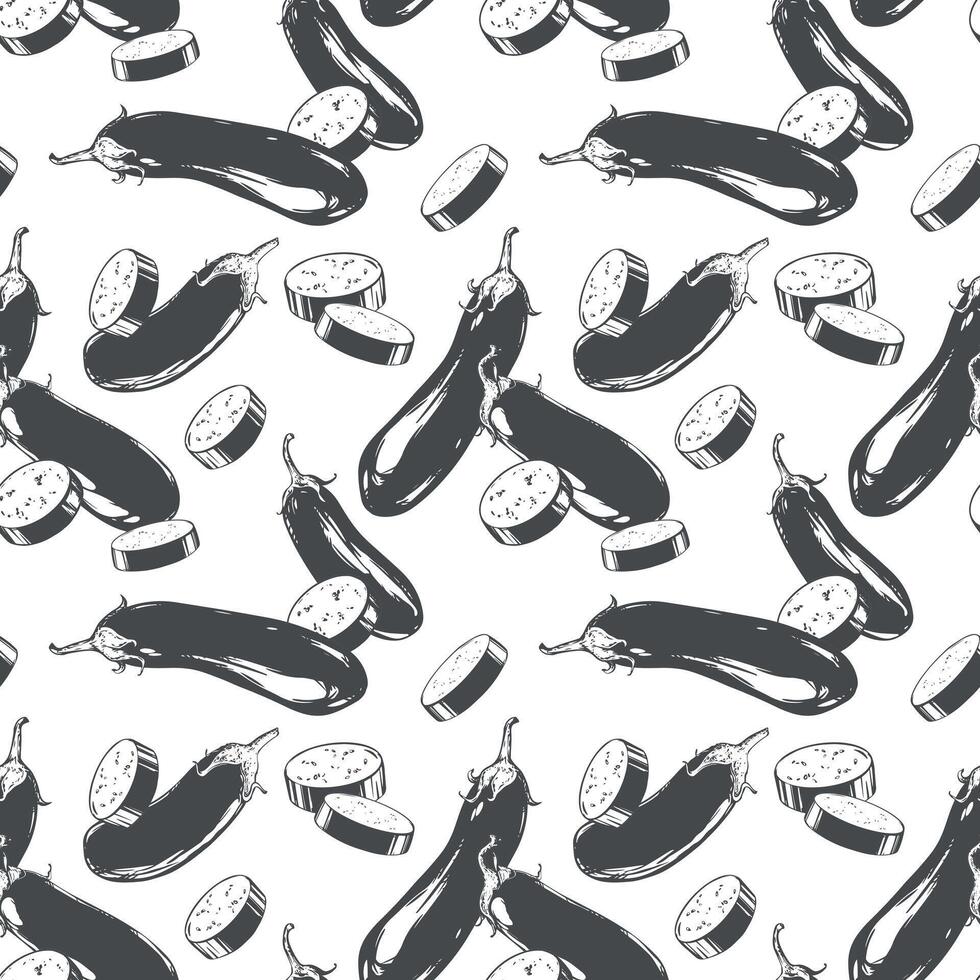Seamless pattern with black sketch of eggplant. Hand drawn whole brinjal vegetable and pieces on white background. illustration of aubergine in engraving style. Illustration for label. vector