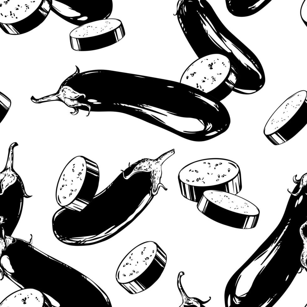 Seamless pattern with black sketch of eggplant. Hand drawn whole brinjal vegetable and pieces on white background. illustration of aubergine in engraving style. Illustration for label. vector