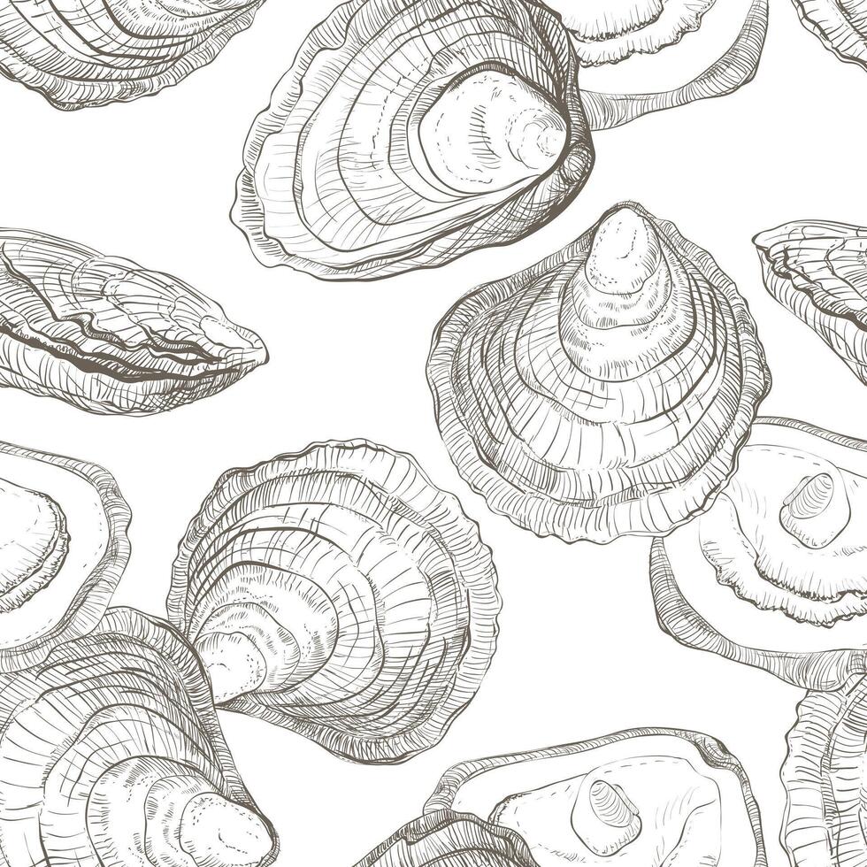 seamless pattern of oysters. Hand drawn oyster shells on white background, linear sketch. Engraving effect, ink fox. Clipart for packaging, menu. vector