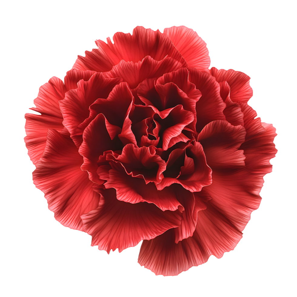 A stunning red carnation flower, showcasing intricate petals and vibrant color, perfect for floral designs and nature themes. png